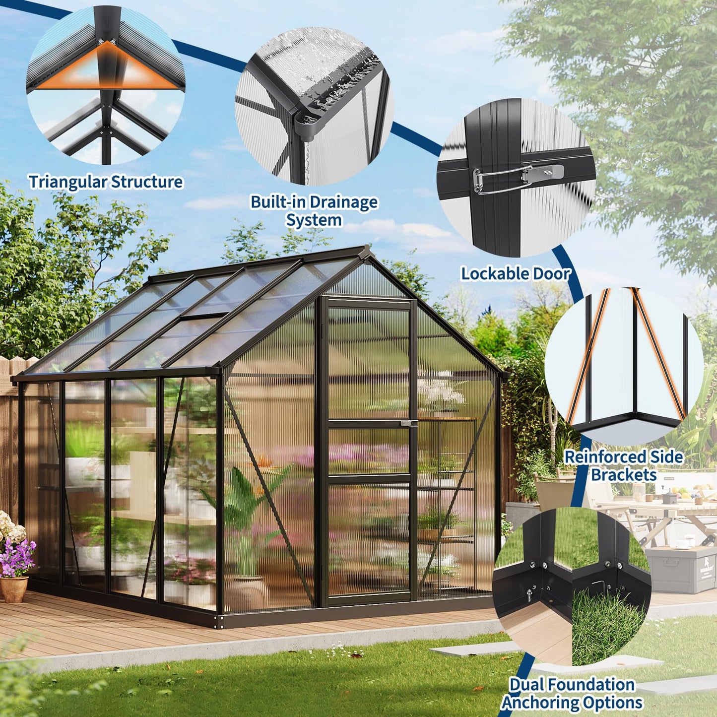 Greenhouse, 8×6FT Greenhouses for Outside, Polycarbonate Greenhouse with Aluminum Frame, Lockable Door and Ajustable Roof Vent for Backyard, Green Houses for Outside Garden Backyard, Patio