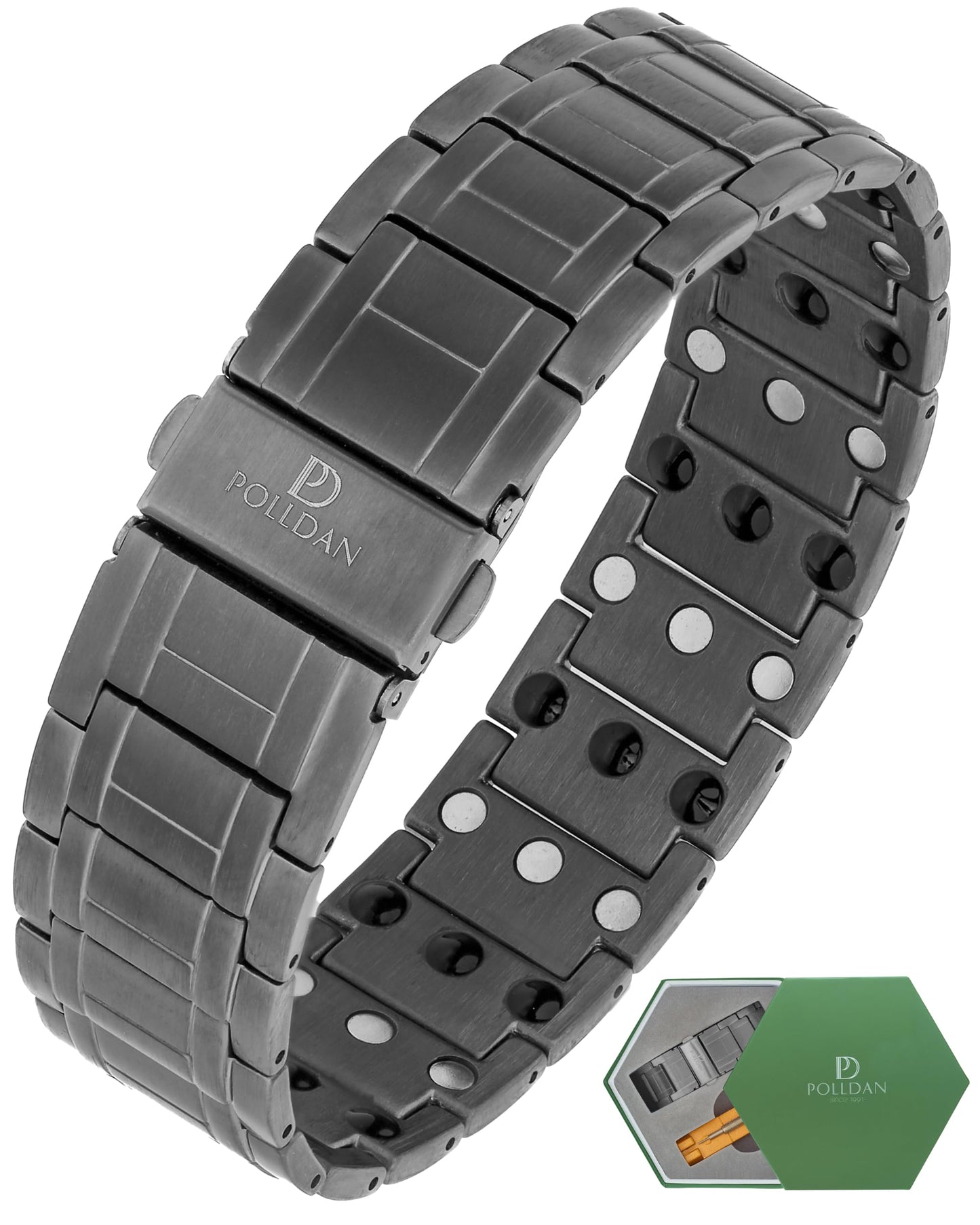 POLLDAN® Magnetic Bracelets For Men with 6200 Gauss Power | 3X Strength Mens Bracelet | Men's Jewelry with Fold-Over Clasp, Adjustable Length, Gift Box | Pulseras Magneticas Para Hombres (Gunmetal)