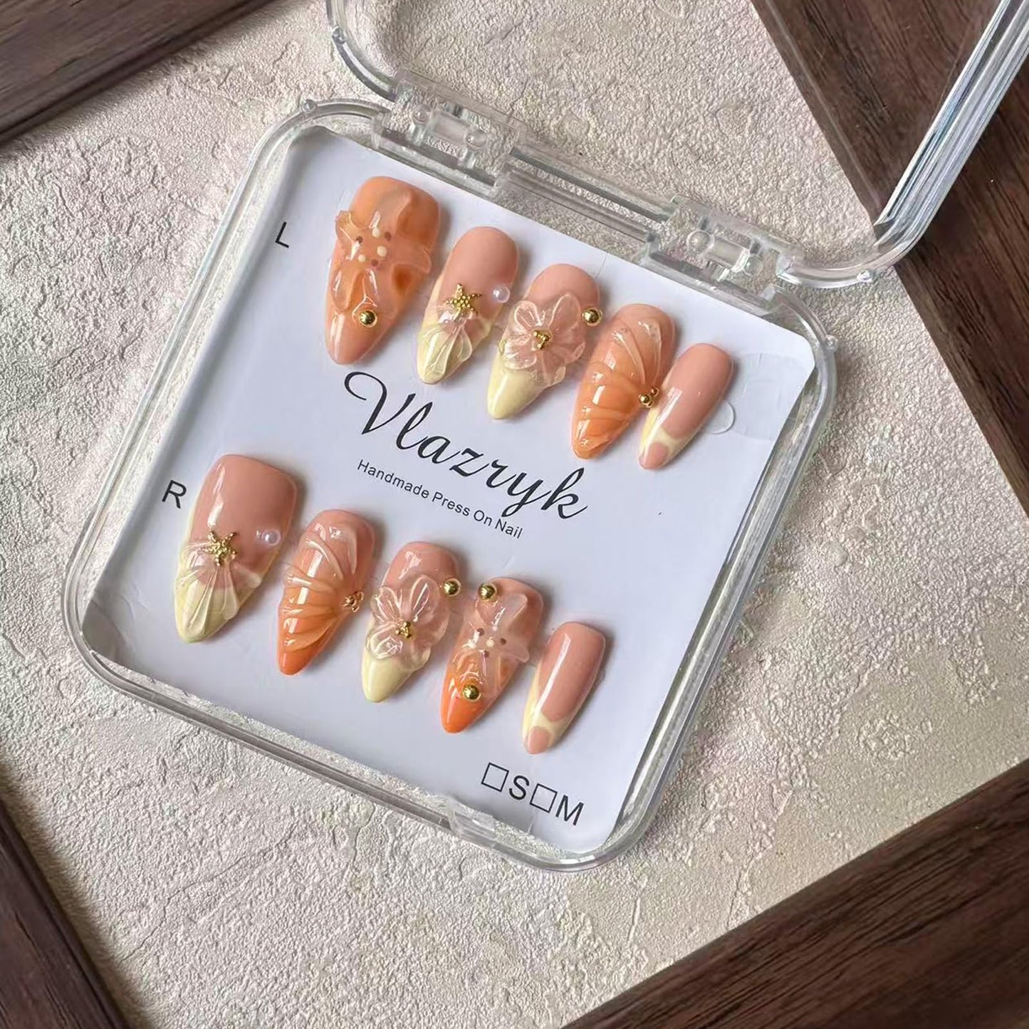 Handmade Press On Nails, Medium Almond Fake Nails with 3D Flowers & Metal Charms, Reusable Full Cover Acrylic Nails,Luxury Orange-Yellow Gradient French Tips for Women.(10PCS Size S)