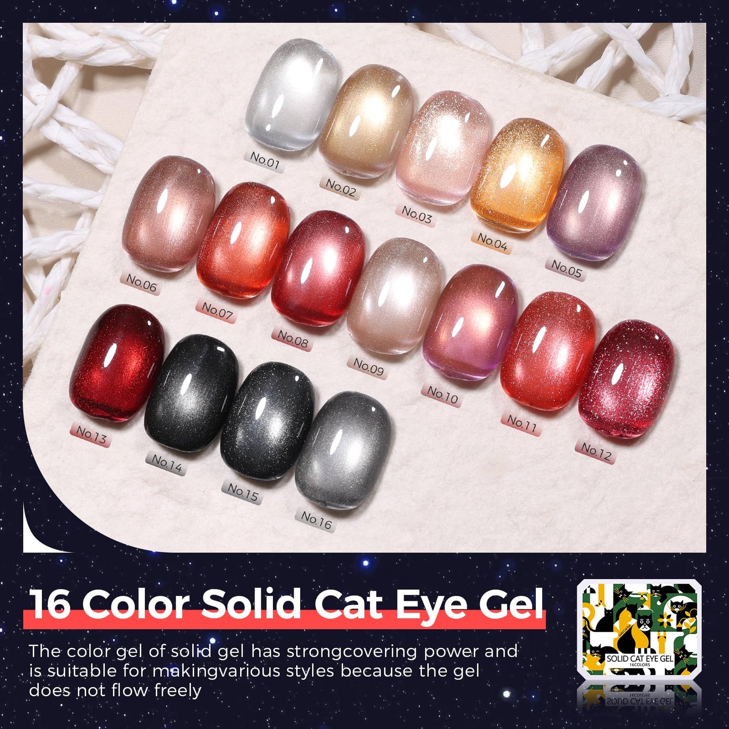 GELLAKTIK 16 Color Cat Eye Gel Polish Set - Magnetic Nail Polish Kit with Strong Magnet & Brush, Holographic Shimmer Gel for DIY & Salon Manicure at Home
