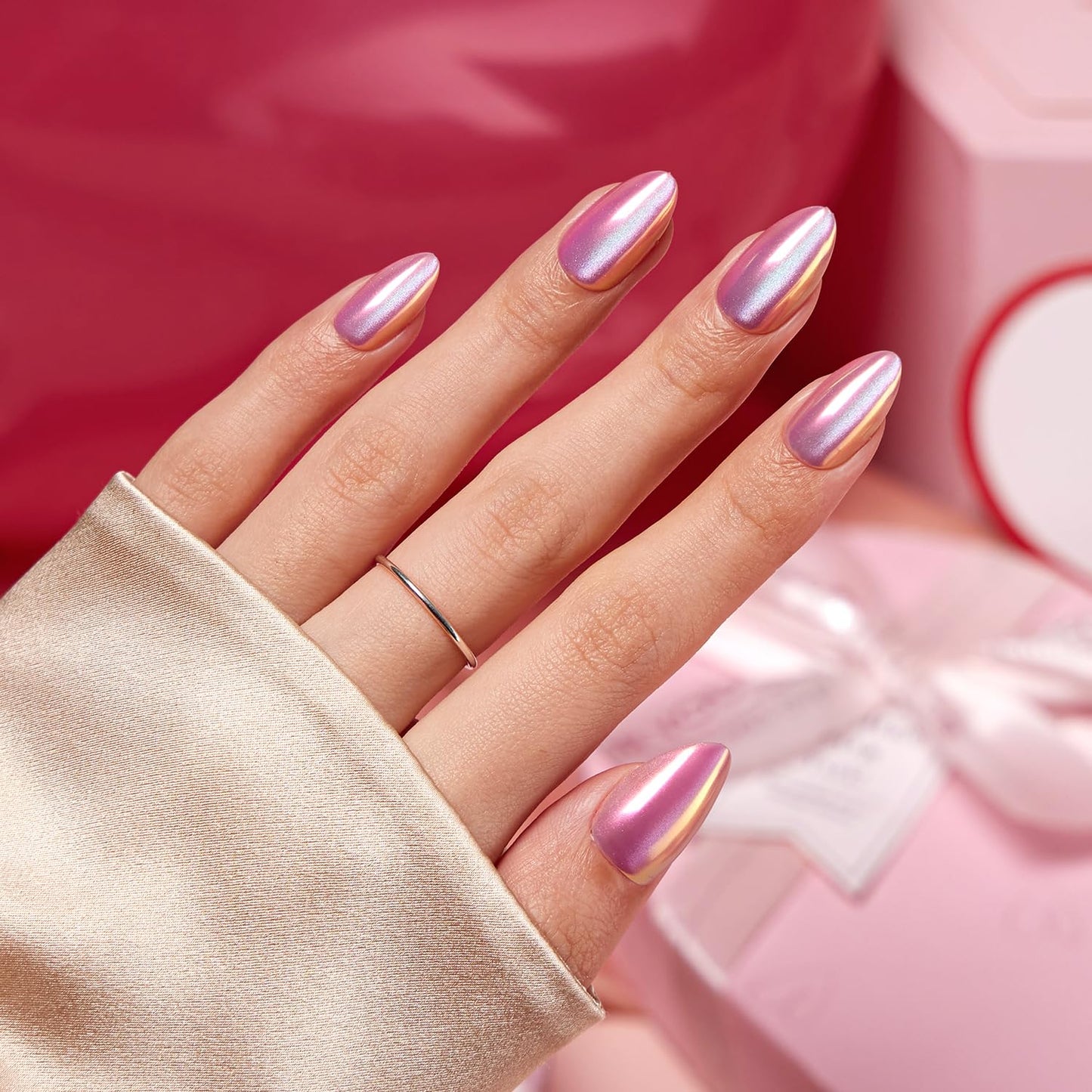 VSALON Press on Nails Short Almond - Pink Cat Eye Chrome Fake Nails Kit for Women, Spring Reusable Aurora Effect Opaque Holographic Summer Glue on Nails - 32 PCS Stick On Nails in 16 Sizes