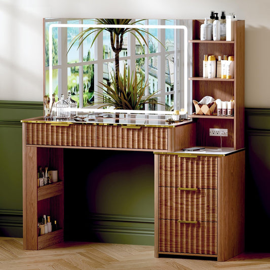 GRUTEUNIT 51" Vanity Desk with Power Outlet, Makeup Vanity with Mirror and Lights, 3 Lighting Modes, Vanity Table with Glass Top, 5 Drawers, and Jewelry Storage,Brown