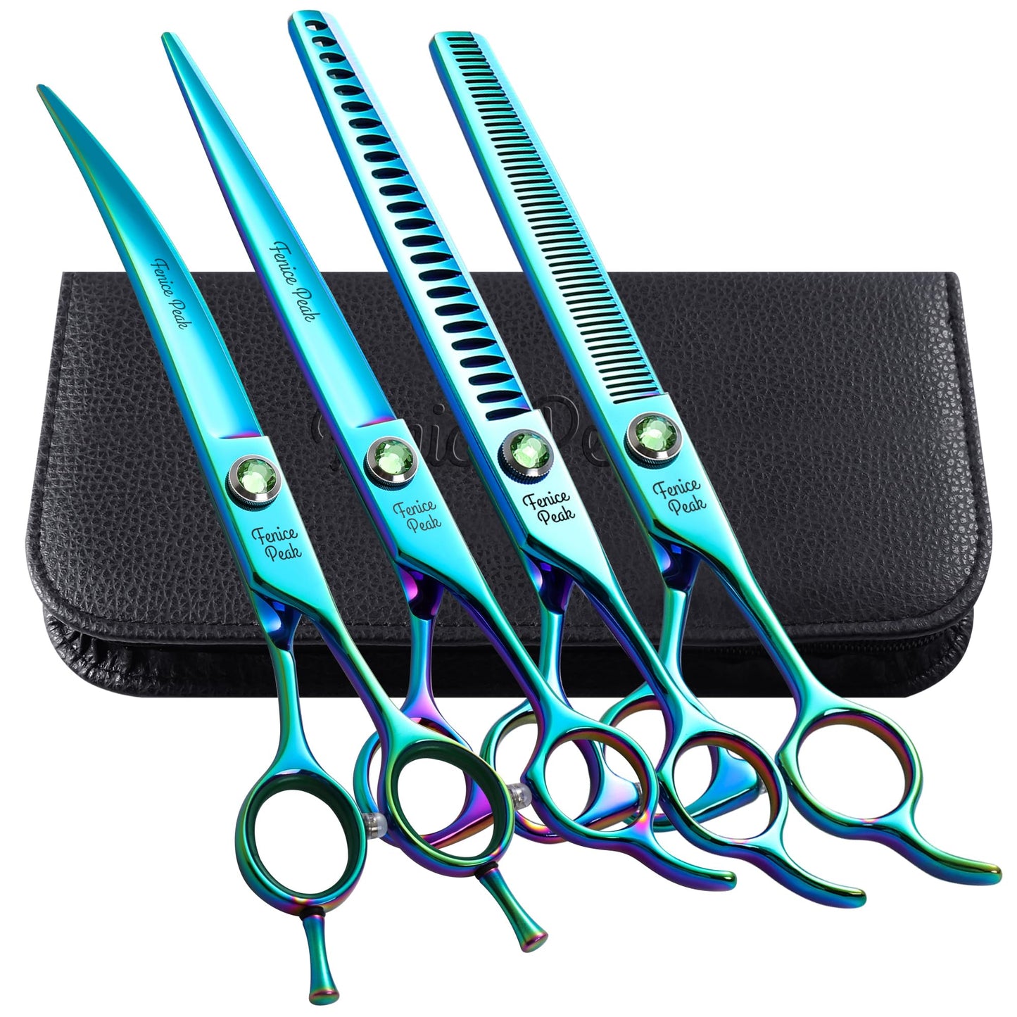 Fenice Peak Green Dog Grooming Scissors Set Straight Thinning Curved and Chunker Shears 4PCS Kit with Simulated Emerald Screw 440C Trimming Shears Durable and Sharp