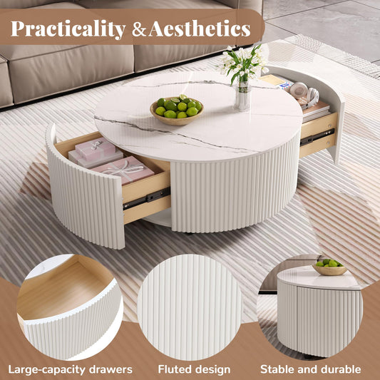 Merax Round Coffee Table for Living Room 29.5" Movable Accent Table with Casters and 2 Storage Drawers, Marble Pattern Sintered Stone Top, White