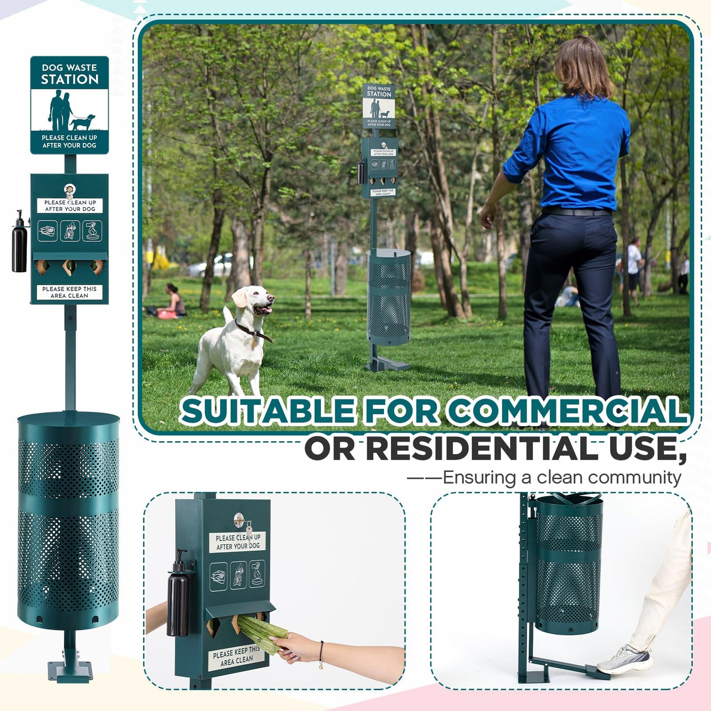 Qinyoung Pet Waste Station, Includes 600 Roll Bags, Dog Waste Station with Foot Pedal, Dog Poop Sign, Bag Dispenser, Hand Sanitizer Bottle and Covered Outdoor Trash Can for Parks, Trails Outdoor