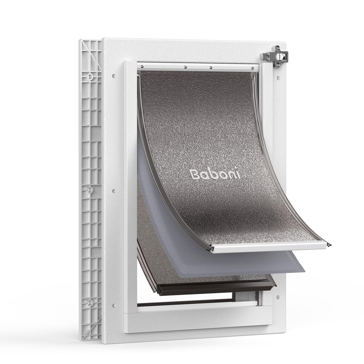 Baboni 3-Flaps Pet Door for Interior and Exterior Doors, Durable Plastic Frame and Telescoping Tunnel, Aluminum Lock/Metal Panel, Strong Magnetic Flaps, Never Rust Dog Door (Pets Up to 40 Lb) -Medium