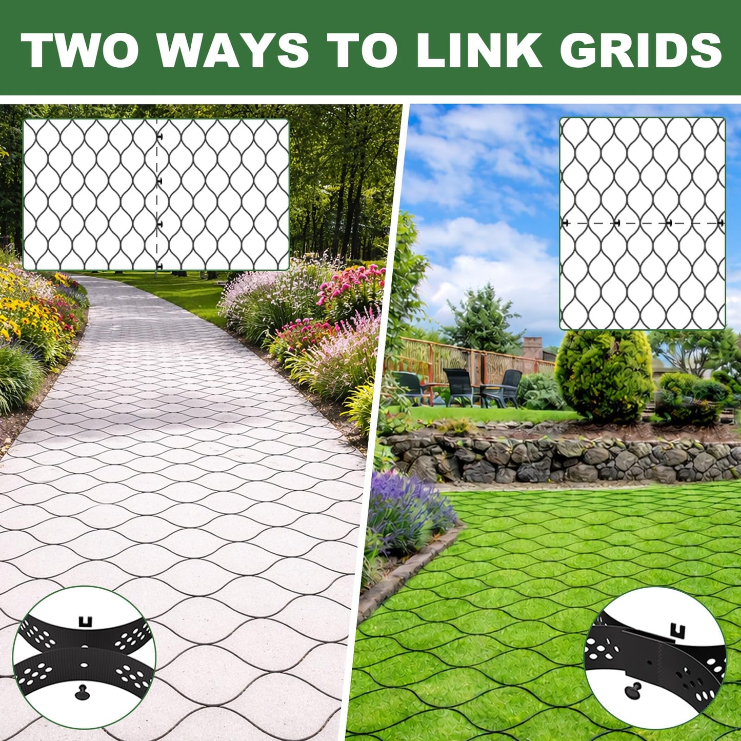 Gravel Grid 2'' Depth with Metal Stakes, 6.6x16.4 FT Geogrid for Gravel Driveway 2200 lbs per Sq FT Erosion Control Ground Grid Gravel Stabilizer Grid for Driveway, Parking Lot, Slope, Walkway, Patio