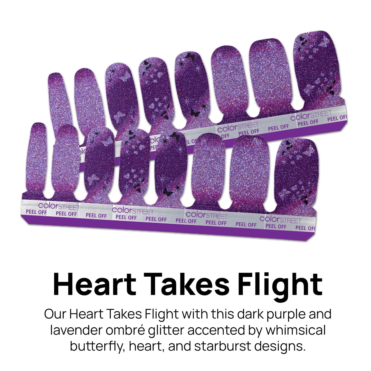 Color Street - Heart Takes Flight - Purple Lavender Ombre Glitter Butterfly Nails, Real Nail Polish Strips, Valentine’s Day Manicure Set - 16 Strips