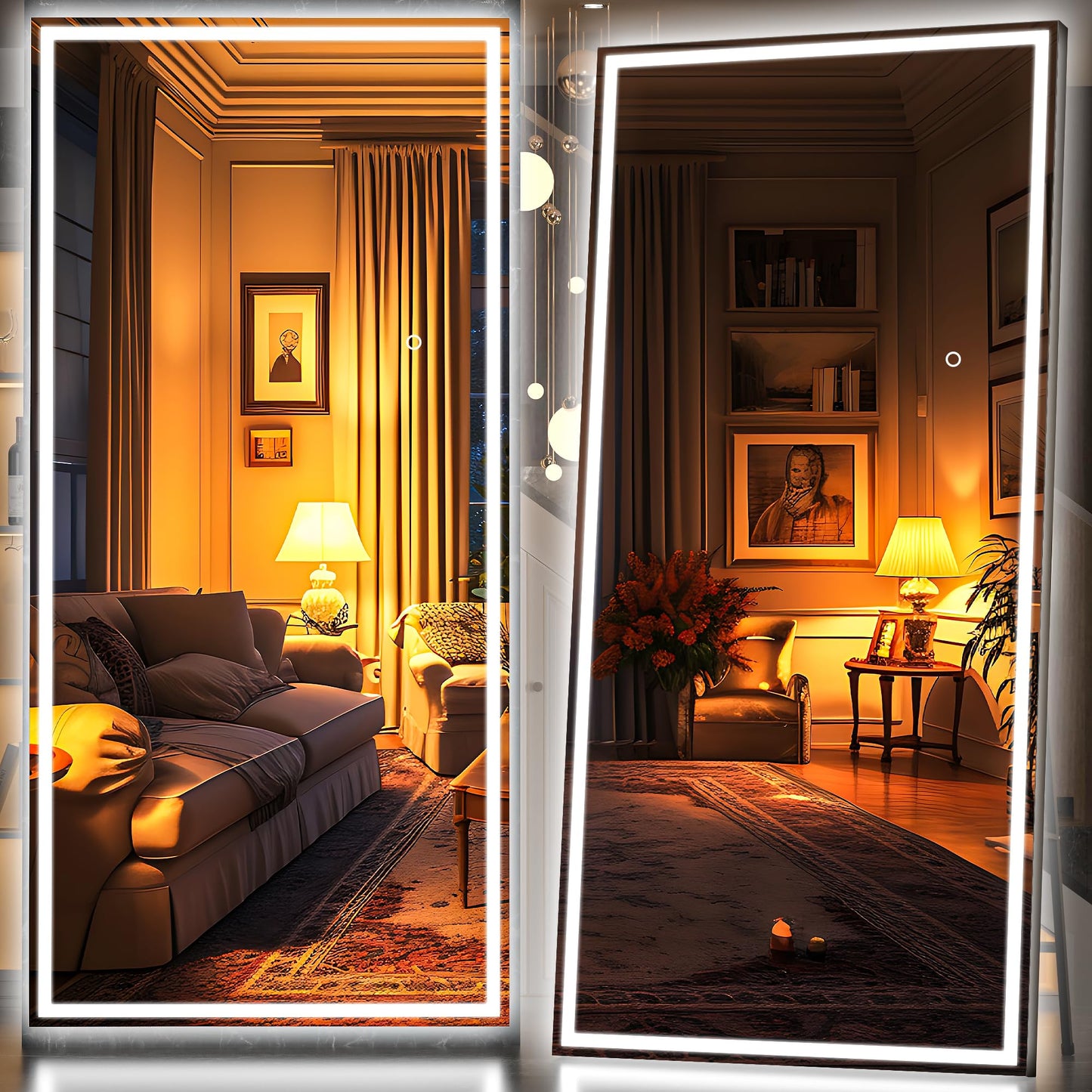 Hasipu Full Length Mirror with Lights, 95" x 40" LED Lighted Floor Standing Mirror, Full Body Dressing Hanging Mounted Mirrors, Dimmable, Tempered Glass, Safe to Use, Square Black