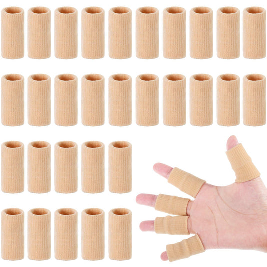 Skylety 30 Pieces Finger Sleeves with 1 Storage Bag, Thumb Splint Brace Support Protector Breathable Elastic Finger Tape for Pain Relief Arthritis Trigger Sports Basketball Baseball(Beige)