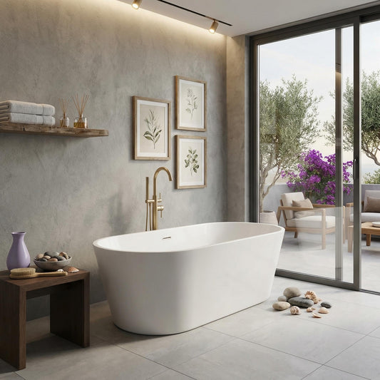 59 Inch Freestanding Bathtub, Acrylic Free Standing Bath Tub with Integrated Overflow & Drain, Modern Oval Stand Alone Tub for Home Spa, White