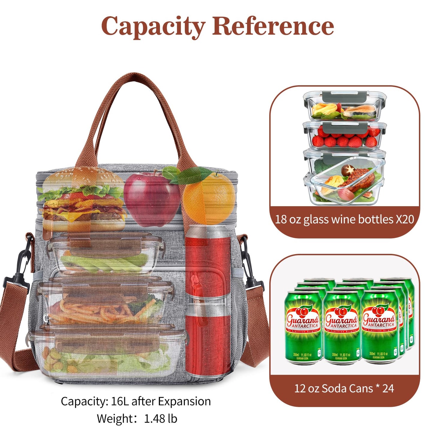 Lunch Box & Lunch Bag for Women Men, Expandable Large Insulated Adult Lunch Bag with Strap, Double Deck Leakproof Lunchbox Durable Cooler Bags for Work Picnic Beach,16L, Gray