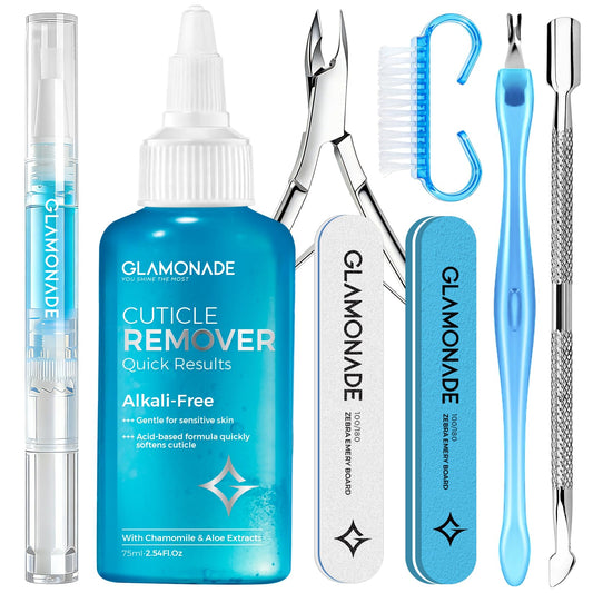 Glamonade Complete Cuticle Remover Kit – Fast & Gentle Professional Cuticle Care Set w/Remover Gel & Oil Pen, Cuticle Nipper, 2 Pushers, Nail Brush, File & Buffer for Manicure Pedicure, DIY