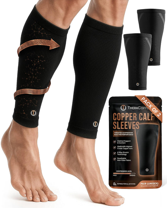 TheraCopper Copper Calf Compression Sleeve — Premium Copper Compression Shin Sleeve for Men & Women — Breathable & Non-Slip Leg Sleeves for Runners, Shin Splints, Muscle Recovery & Leg Fatigue (Large)