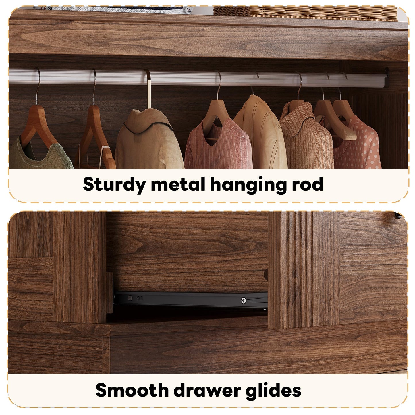 LIKIMIO Farmhouse Wardrobe Closet with Doors, 70" Bedroom Armoires with LED Lights and Hanging Rod, Wooden Large Wardrobe Cabinet with 2 Drawers and 1 Cabinet, Walnut