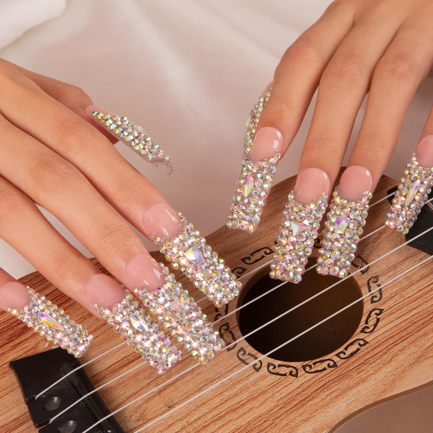 LOVFUL Press on Nails Angel's Tear Rhinestone | Handmade with Full Covered Crystals | Reusable Fake Nails | Square Mid length 1.7in | H48-L