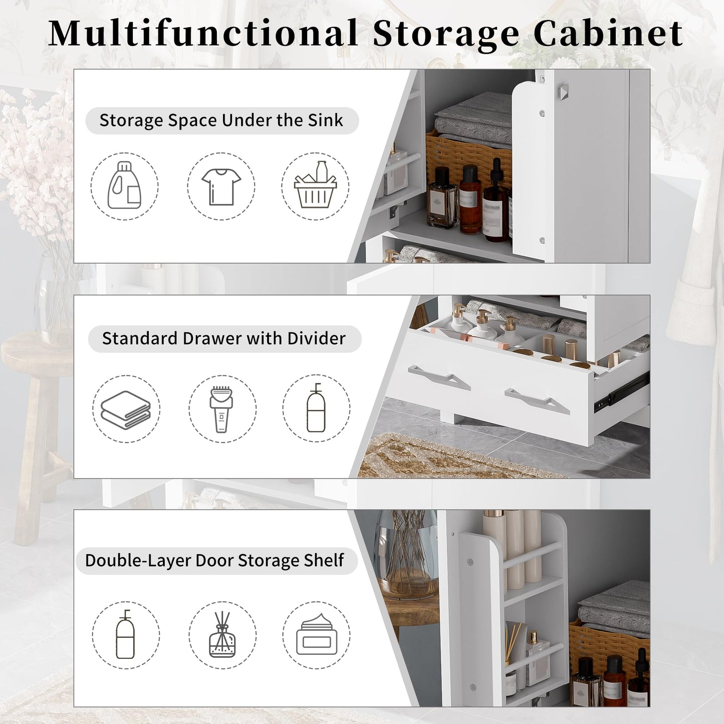 Favfurish 48" Bathroom Vanity with Ceramic Double Sink, Undermount Double Basin Vanity Set w/2 Divided Drawers and 4 Double-Layer Soft Close Doors & Built-in Shelf, Freestanding Storage Cabinet,White