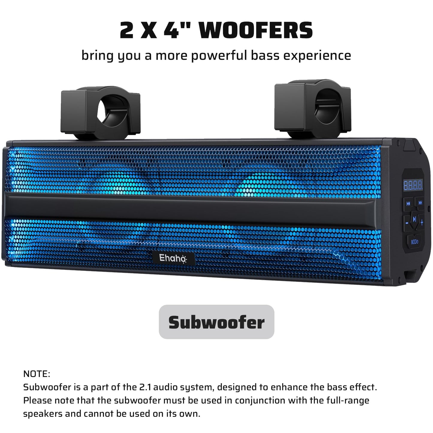 Ehaho 2.1CH Stereo UTV Sound Bar (Subwoofer) and Speakers, 17 Inch Bluetooth ATV Soundbar with RGB Lights, Waterproof Golf Cart Speakers, Marine Sound bar Compatible with SXS Polaris RZR Can-Am
