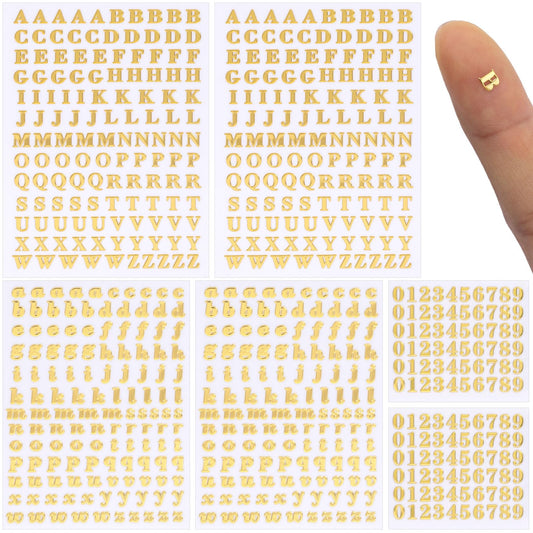 OIIKI 640pcs Small Metal Letter Number Stickers, 3D Self-Adhesive Mini Letter Stickers, Glitter Alphabet Number Decals Decoration Supplies for Scrapbook Nail Keyboard DIY Crafts- Gold