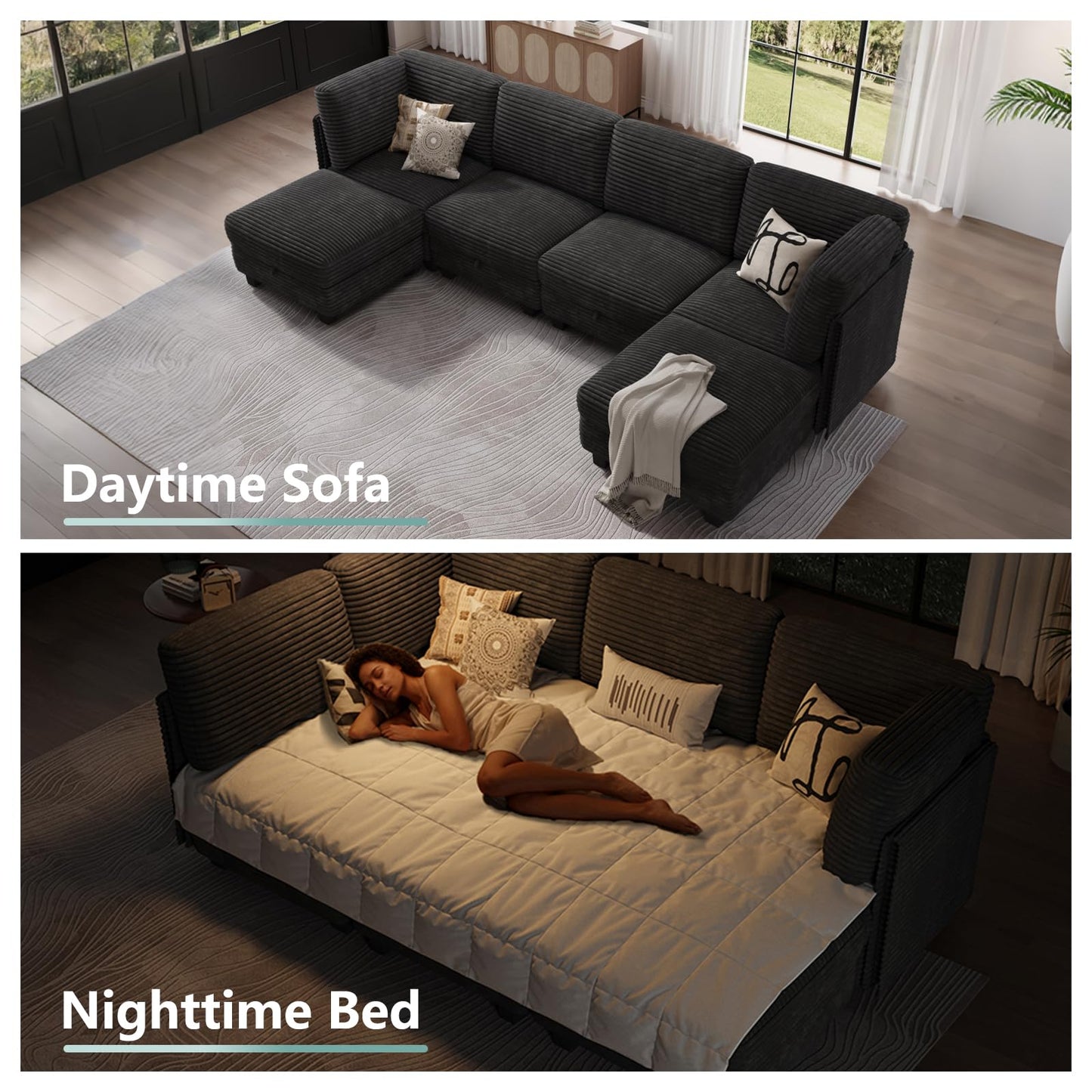 OhaiAura Modular Sectional Sofa with Adjustable Backrest, Convertible L/U-Shaped Sleeper Couch for Living Room, Cloud Sofa Bed Modern Reversible Design, Black