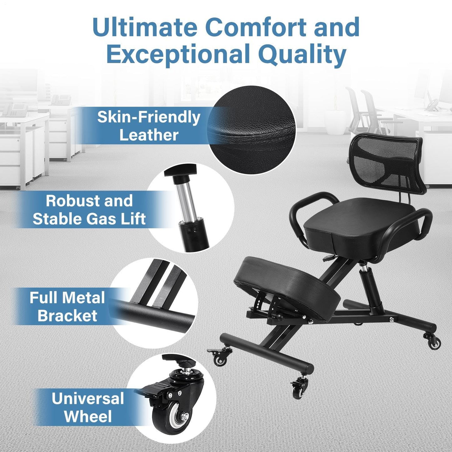 Ergonomic Kneeling Chair with Back Support, Height Adjustable Stool for Home and Office, PU Kneeling Chair for Desk to Relieve Back Discomfort, Thick Moulded Foam Cushions Brake Casters