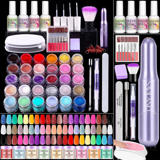 SAVILAND Dip Powder Nail Kit with Drill: Starter Set 30 Colors Summer Spring Keratin Dip Nails Powder with Dipping Liquid Set Activator Base Top Coat Cuticle Oil for DIY Manicure Art Women Gift