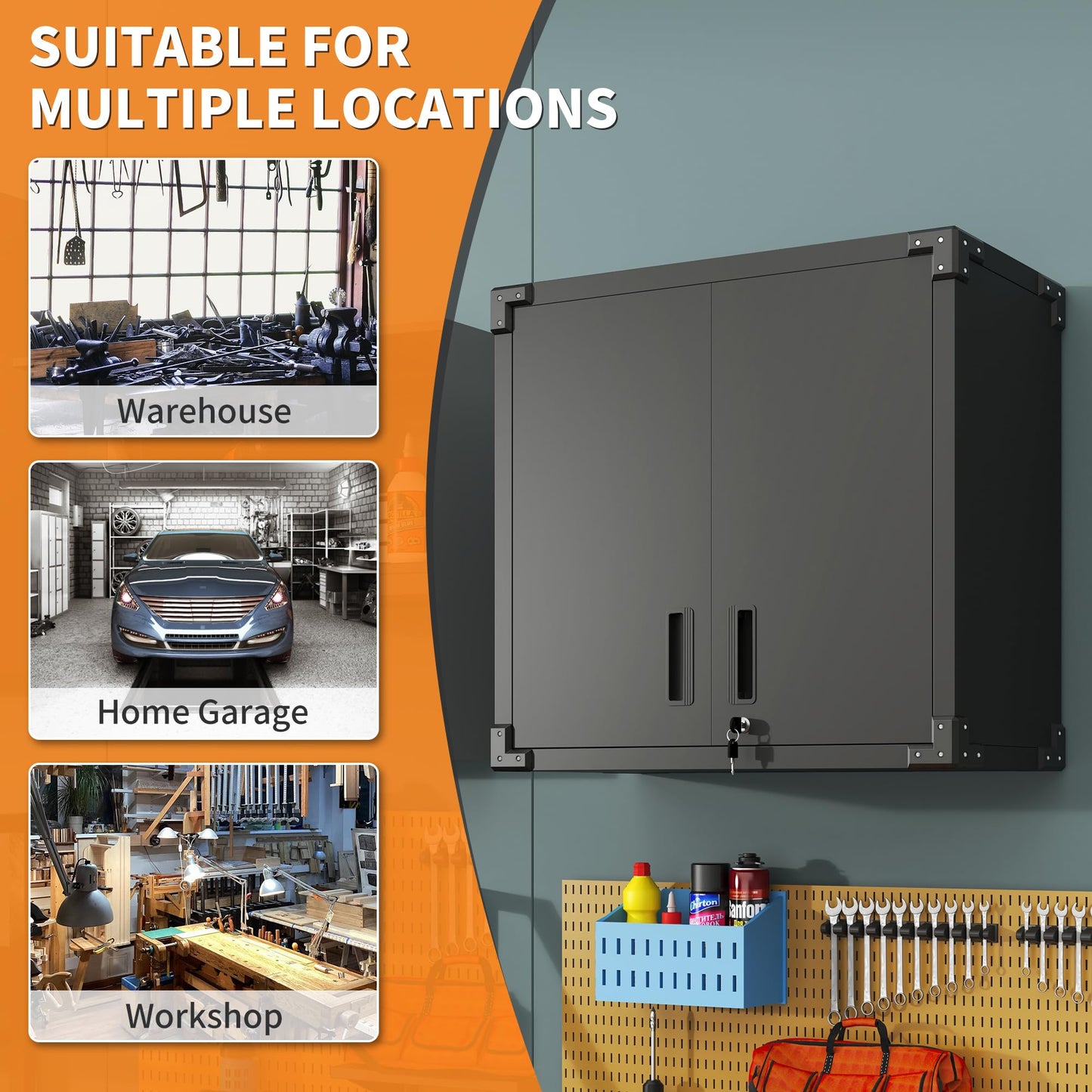 Metal Wall-Mounted Tool Storage Cabinet with 2 Locking Door 1 Adjustable Shelf 1 Opened Drawer for Garage Warehouse,Office,Assembly Required