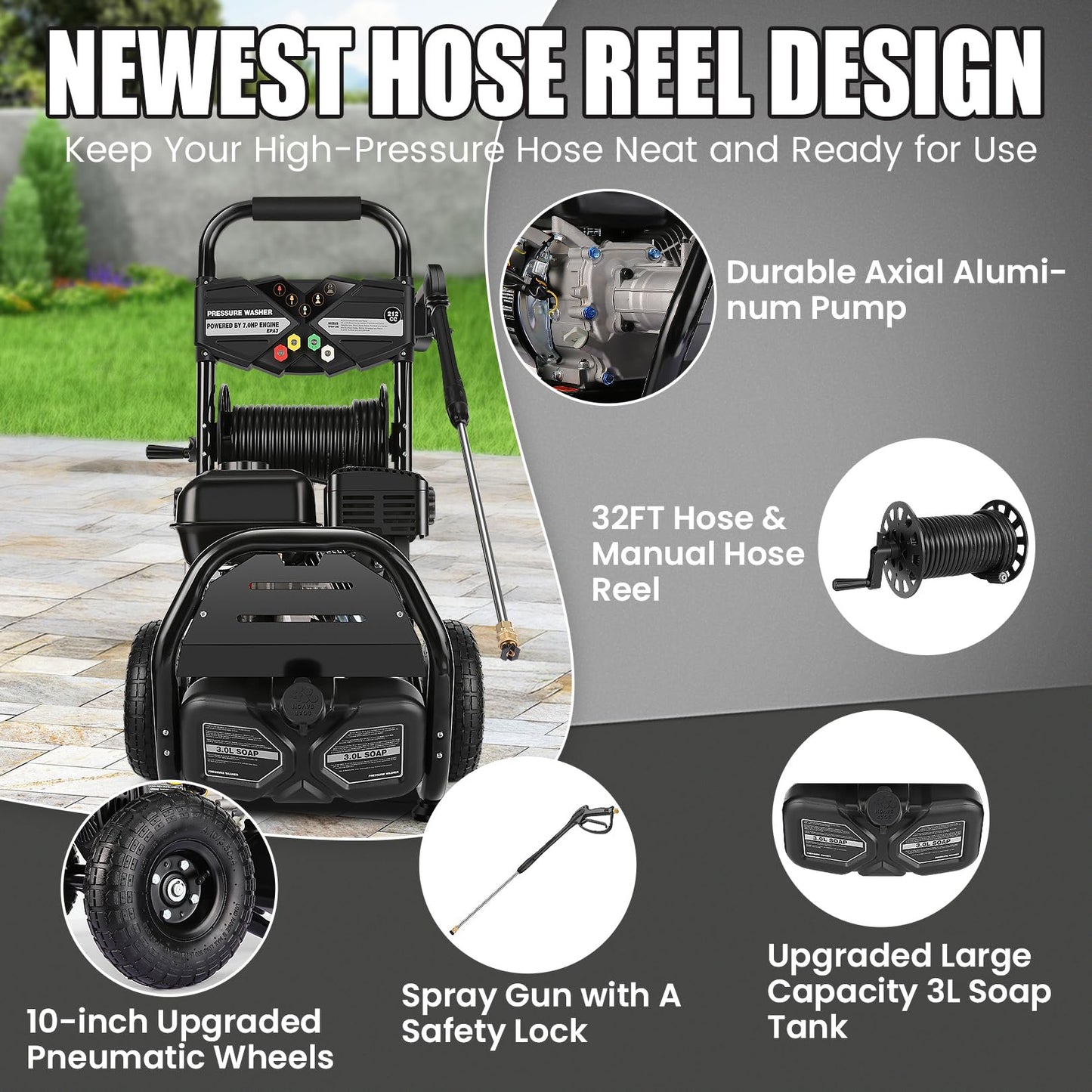Professional 4200PSI 4GPM 212CC Gas Pressure Washer, 7.0 HP Commercial Gas Power Washer with 3L Foam Bottle 10" Wheels 5 Nozzles 33FT Hose for Home Car Fence Driveway Yard (EPA/CARB/ETL Compliant)