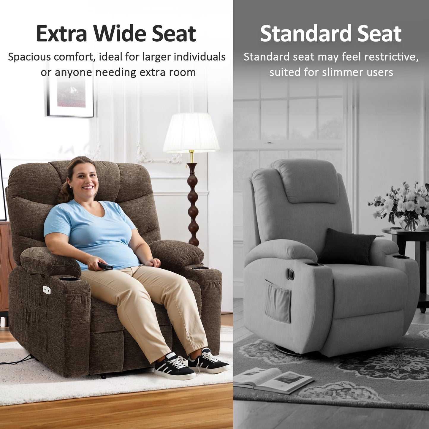 MCombo Oversized Power Lift Recliner Chair with Extended Footrest, Extra Wide 27.2" for Big and Tall Elderly People, Fabric R7289 (Brown, Medium-Oversize)
