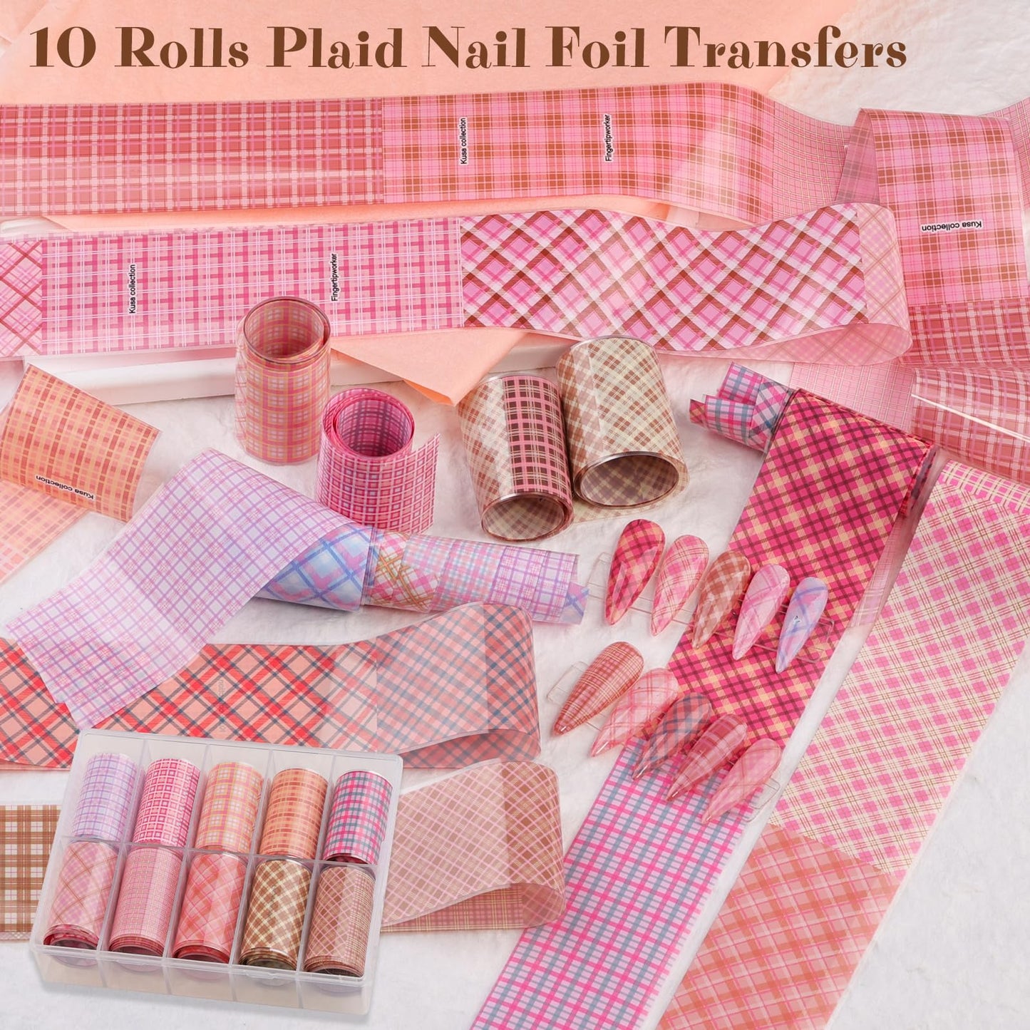 Plaid Nail Foil Transfer Sheets, 10 Rolls Pink Plaid Nail Stickers Transfer Foil with Checkered Prints for Nail Art, Starry Geometric Lines Manicure Wraps, Nail Foil Transfer Paper for Women