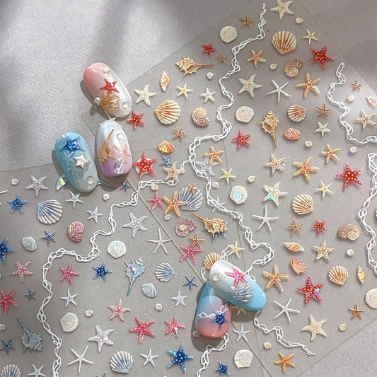 2 Sheets Summer Ocean Life Nail Stickers Beach Cute Seashell Starfish Conch Nail Art Stickers 5D Embossed Sea Theme Nail Decals with Shiny Light Design for Women Summer DIY Manicure