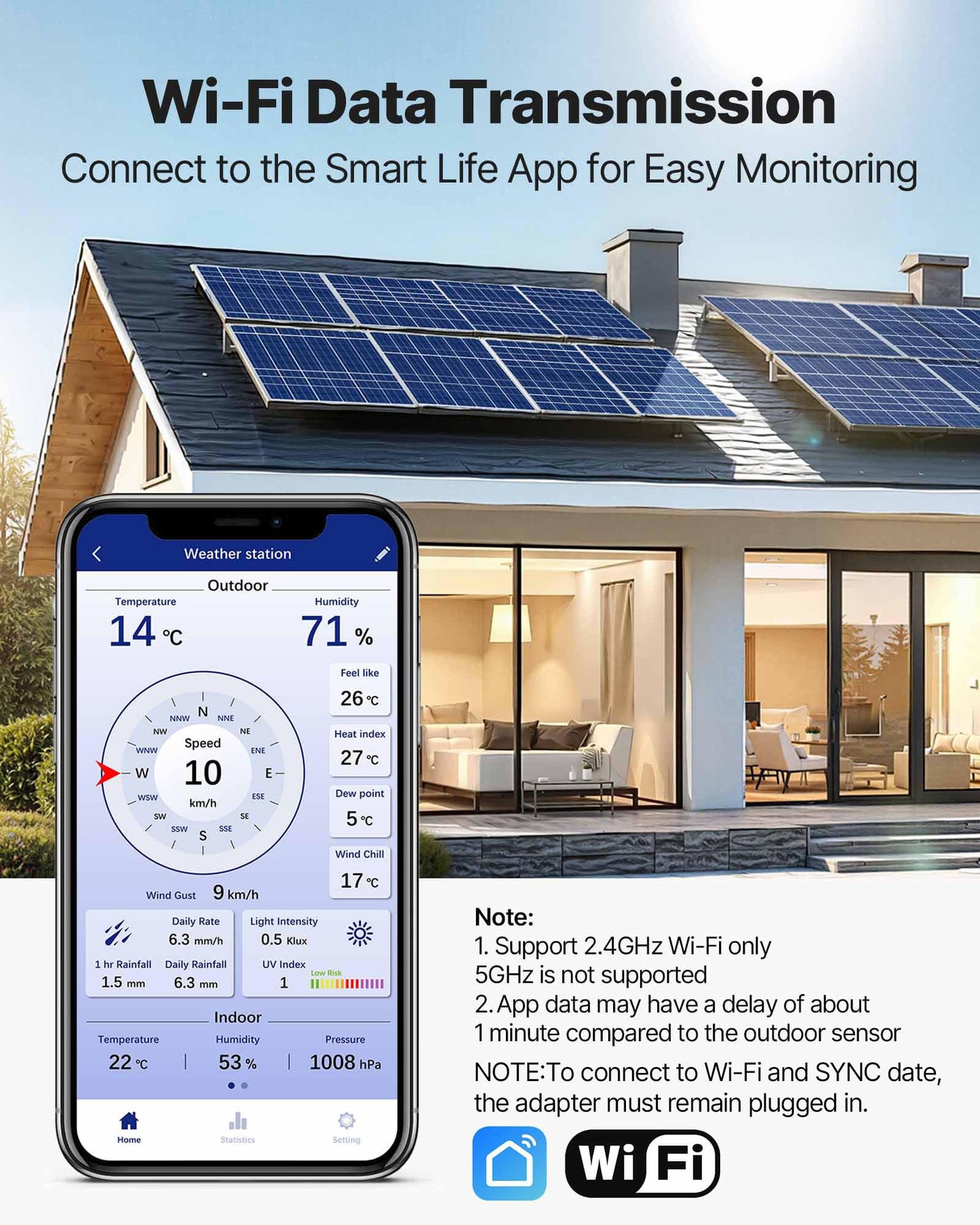 VEVOR 7-in-1 Wi-Fi Weather Station, 7-Inch TFT Display, Wireless Solar Powered Outdoor Sensor, Rain Gauge, Indoor Outdoor for Weather Forecast, Wind Speed Direction, Temperature, Humidity, Rainfall