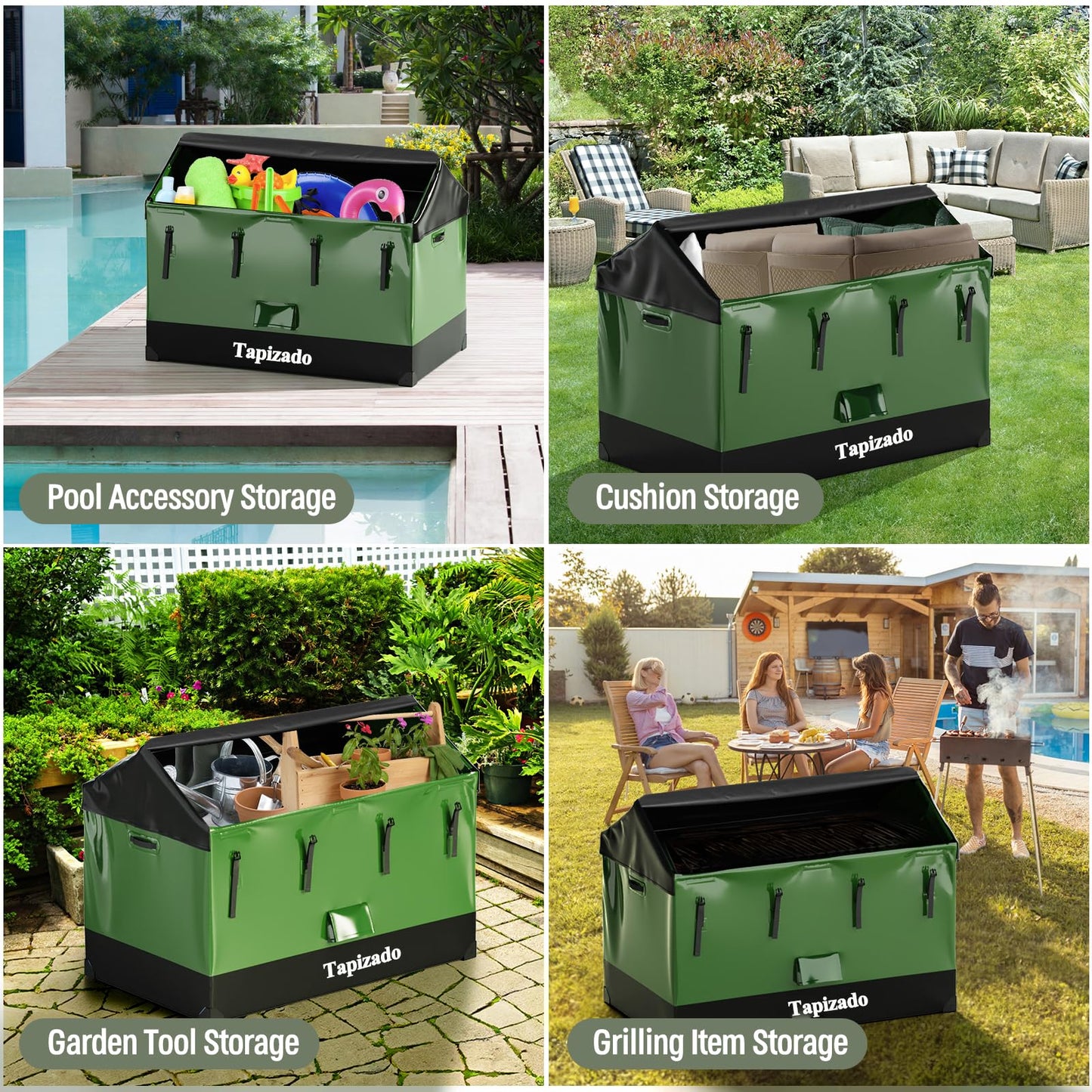 Tapizado 310 Gallon Extra Large Deck Boxes, 1170L Capacity Waterproof Outdoor Storage Bin for Patio Furniture Cushions, Pool Accessories, Garden Tools and Christmas Tree, Black & Green