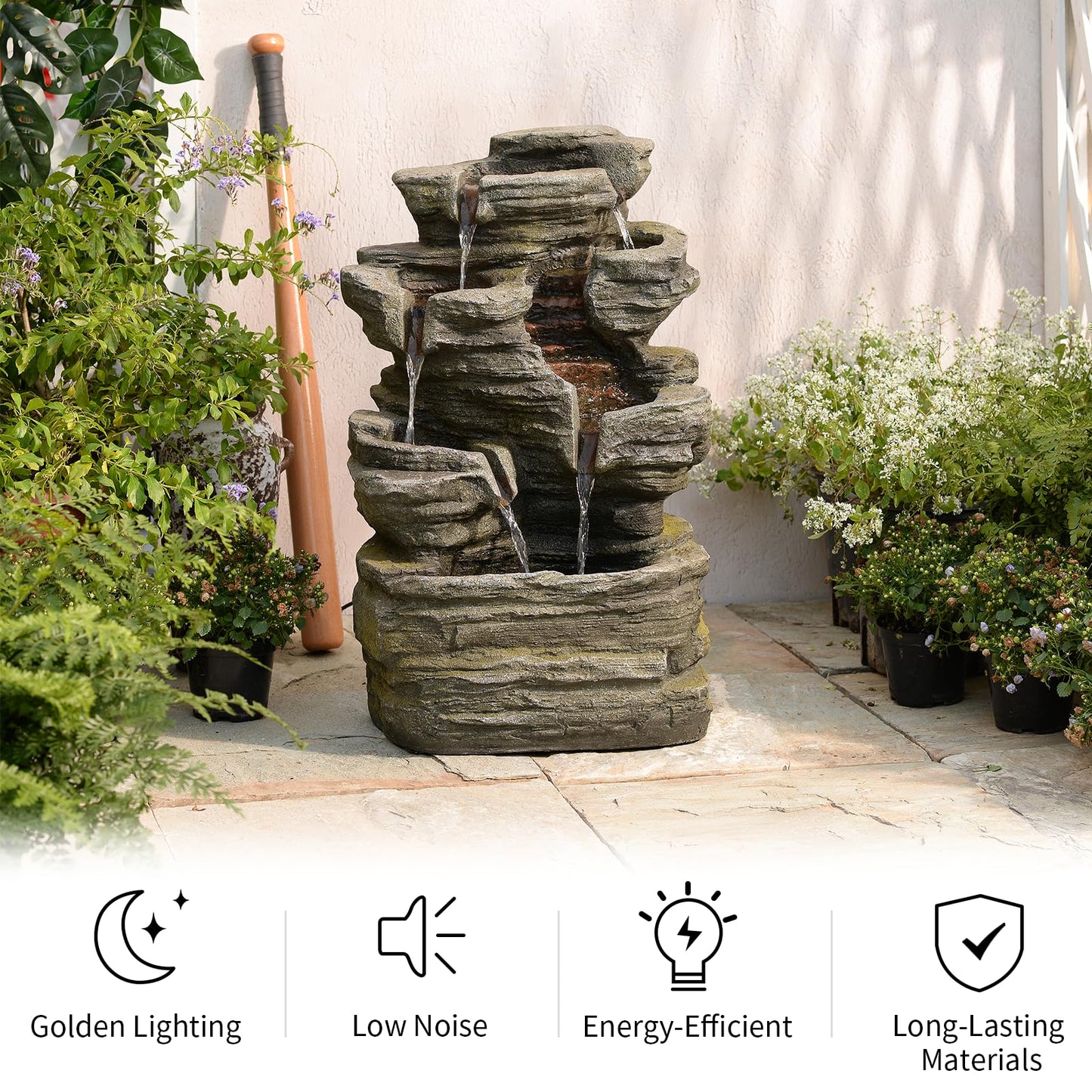 Bumilgar 6-Tier Cascading Rock Water Fountain Outdoor Garden Waterfall Decor for Garden, Patio, Backyard, Deck, Porch and Home Art Decor,24.4" H Outdoor Fountain with Lights