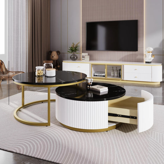 Merax 27.6" Modern Round Nesting Coffee Table Fluted with Drawer for Home Living Room, Black & Gold