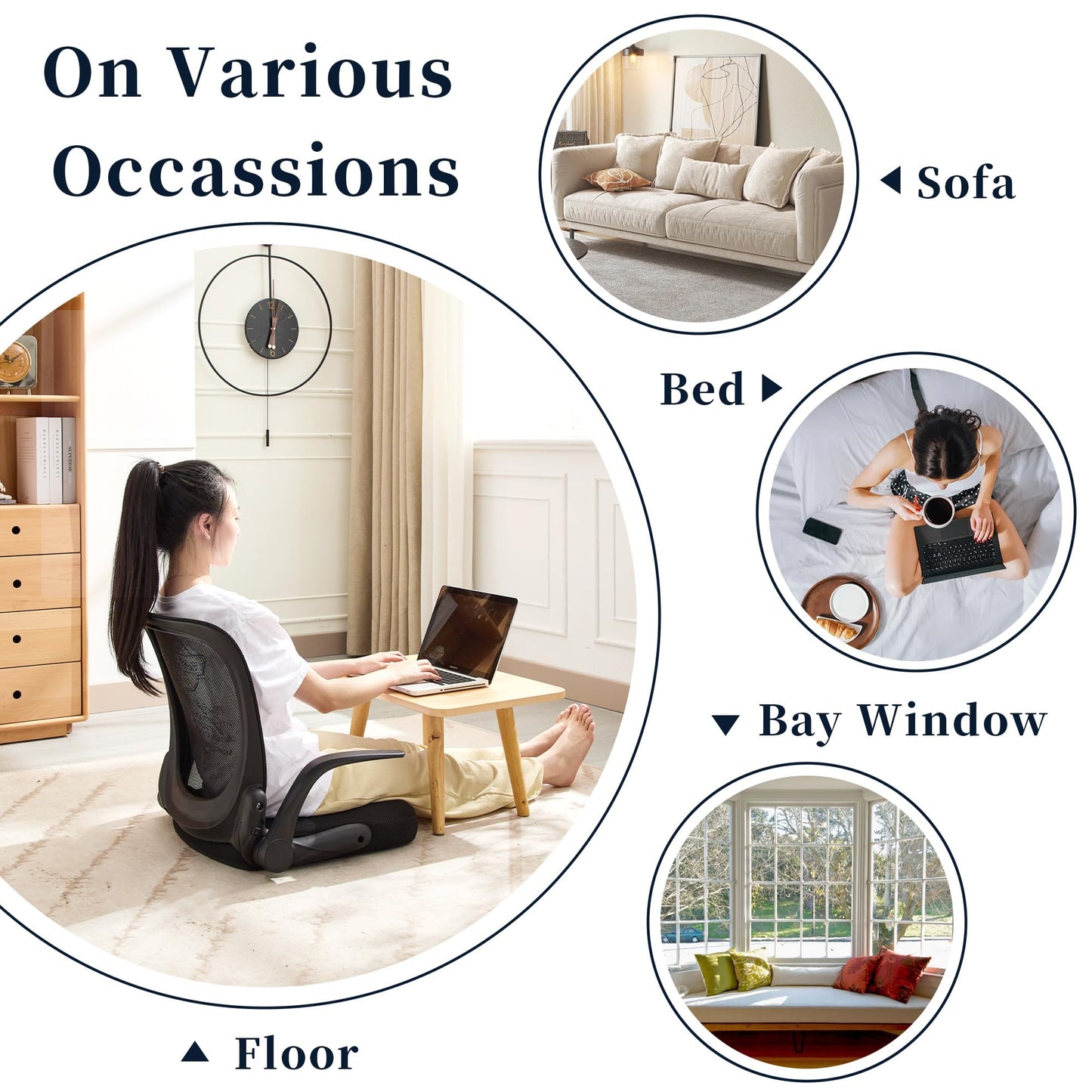 CoVibrant Ergonomic Floor Chair Foldable - Adjustable Armrest & Mesh Back, Thick Cushioned Seat for Gaming Reading Meditation, Multi-Use for Living Room, Bed, Tatami