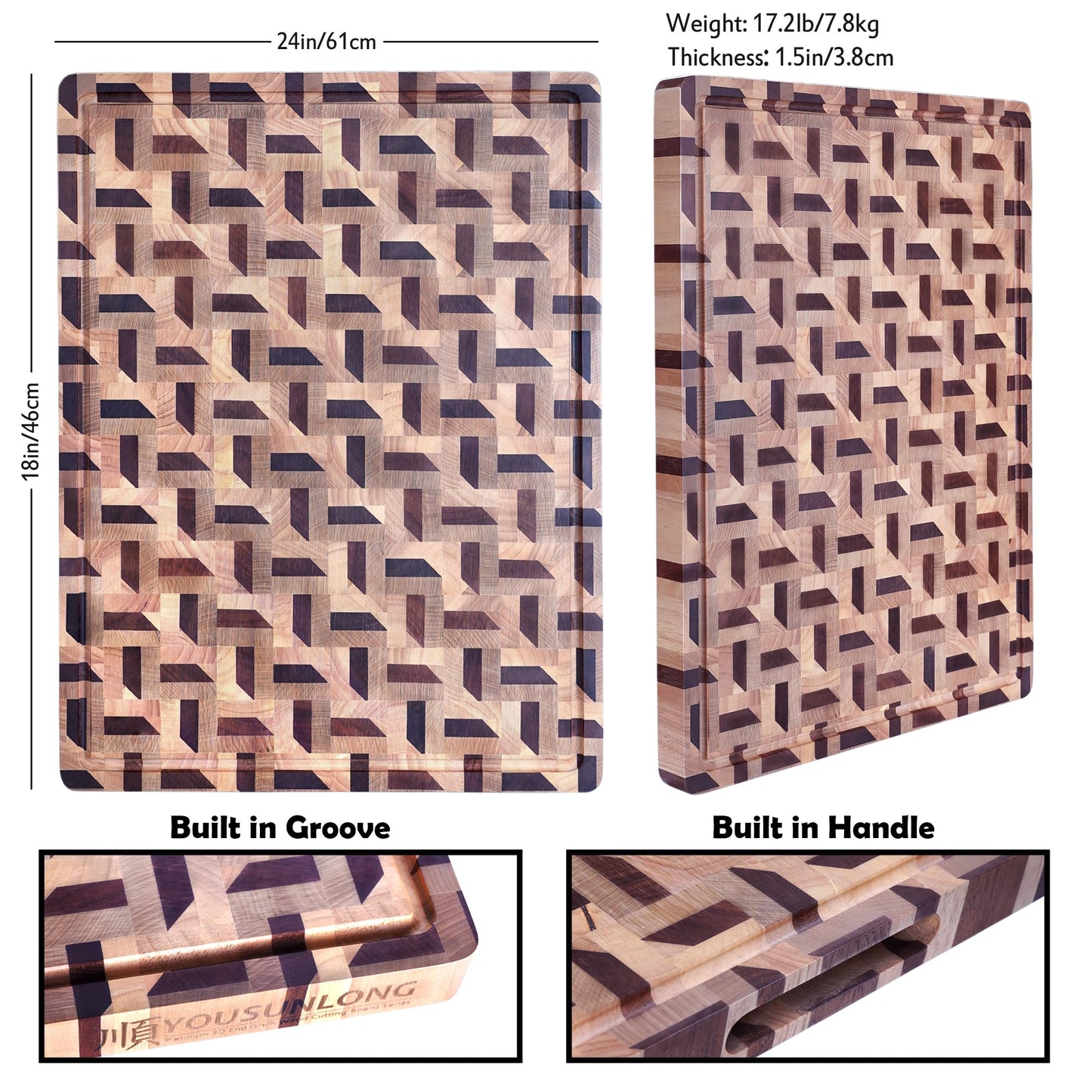 YOUSUNLONG End Grain Cutting Board - 3D Zigzag Pattern Walnut & Maple Butcher Block XXL Brisket Board - 24"L x 18"W x 1.5" Thick w/Juice Groove and Handles - Barbecue Tray,Cooktop Board;Cheese Board