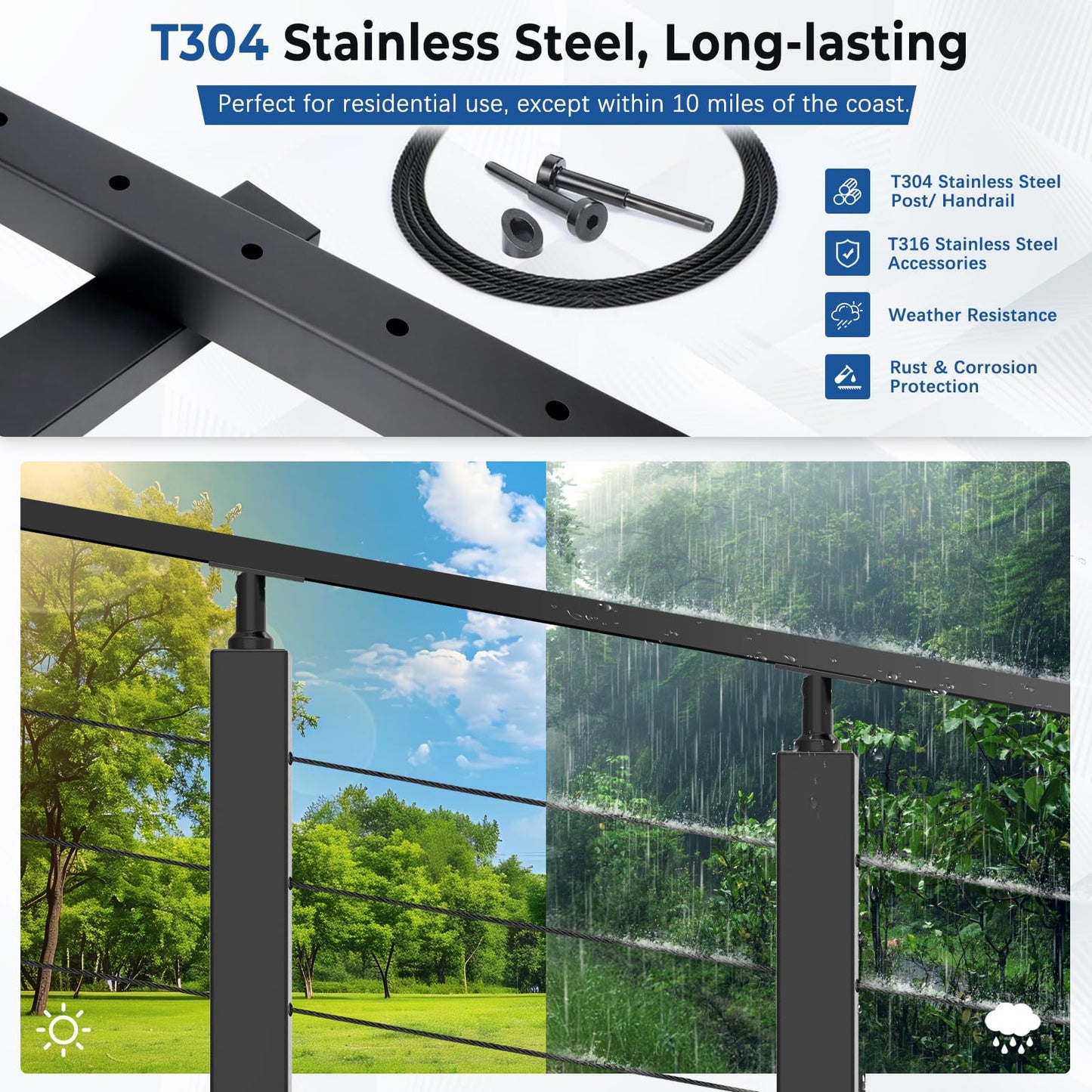 Zylorix 8ft-12ft Complete Set 36" Cable Railing System 33° Drilled with Cuttable Handrail, Modular Black T304 Stainless Steel Angled Stair Cable Railing Posts Kit for 28-38° Wood Concrete Stair