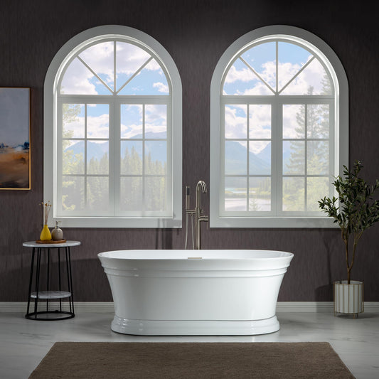 WOODBRIDGE 59 in. Freestanding Double Ended Acrylic Soaking Bathtub with Brushed Nickel Drain and Overflow, BTA1536-BN