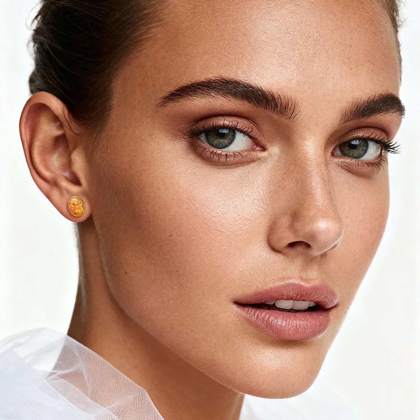 JiayangJY Silver Red Fire Opal Stud Earrings for Women 18K Yellow Gold Plated Sterling Silver Oval Shape 5mm Opal Earrings with Push Back
