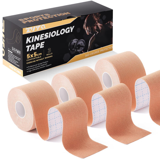 ZVTQ Kinesiology Tape (3 Rolls) - Acrylic Adhesive Muscle Tape - Waterproof, Breathable, Hypoallergenic for Muscle Support & Injury Recovery - Sports Tape, Athletic Tape (Beige)
