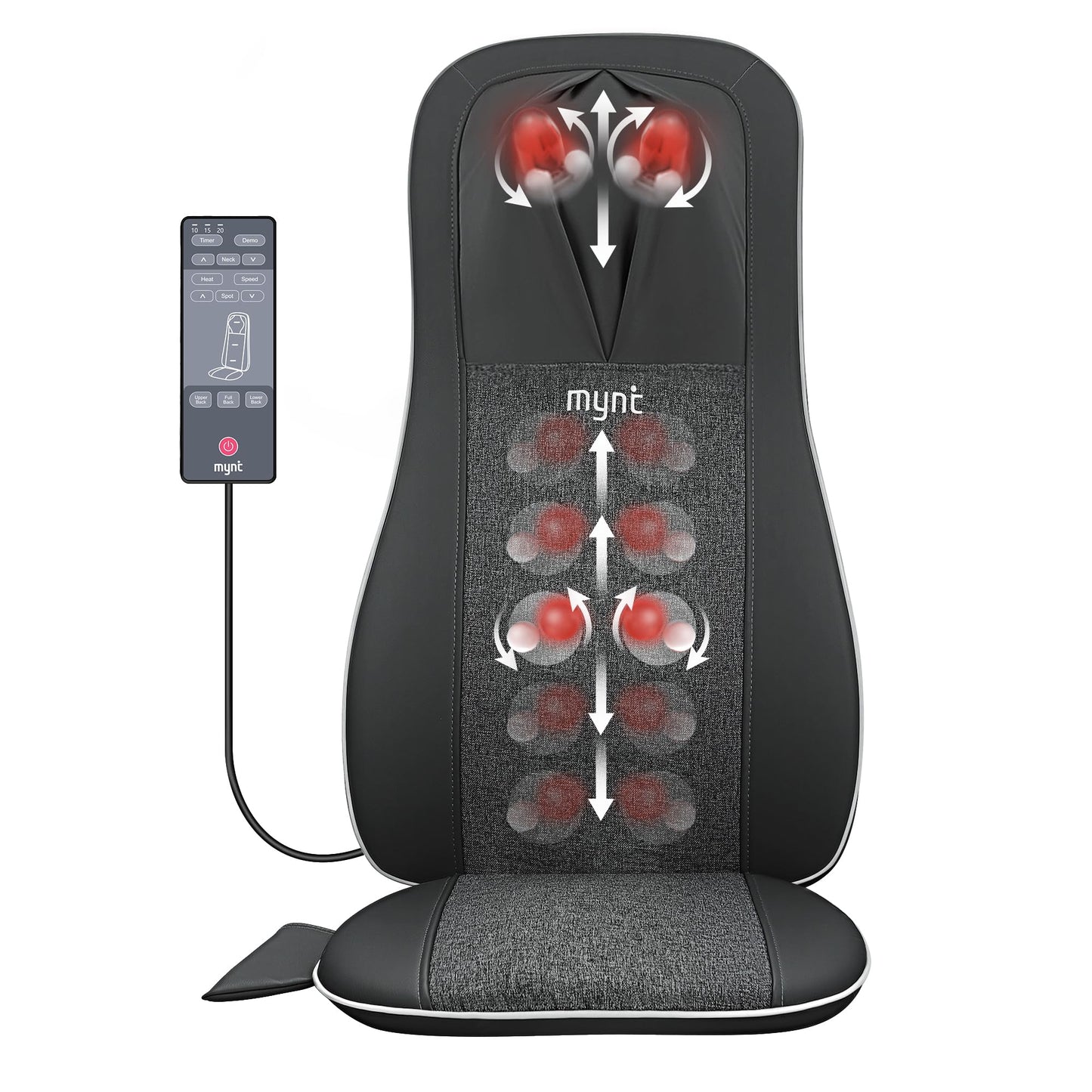 Mynt Shiatsu Neck and Back Massager with Heat, 3D Kneading Full Back Massager for Pain Relief Deep Tissue, Foldable Adjustable Chair Massager for Home Office, Gifts for Mom Dad, Black