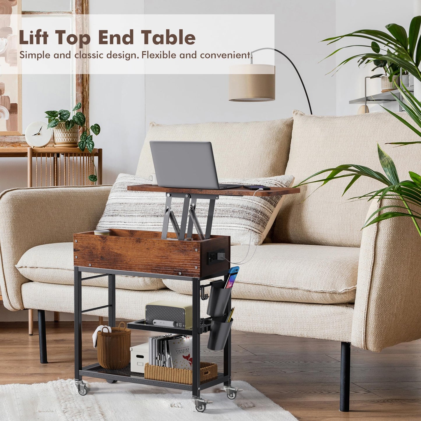Colima Lift Top End Table with Charging Station and Wheels, Sofa Side Table with USB Port & AC Outlets, Movable Bedside Nightstand with Side Bag for Office Living Room Bedroom(Rustic Wood)