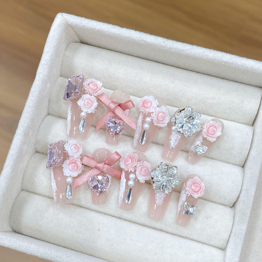 NLSJMP,Handmade Long Balerina Press on Nails,bow rhinestone Pearl Design Nail Art Kit,Acrylic Fake Nails Kit,Reusable False nails,Include Toolkit,10pcs,Rose,Size M
