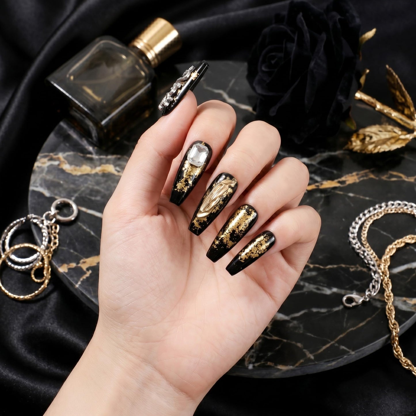 Sun&Beam Nails Handmade Long Coffin Ballerina Black Gold False Nail Tips with Cute 3D Dragon Popular Charm Design Press On 10 Pcs (#52 M), FN-HM-052-M.AU