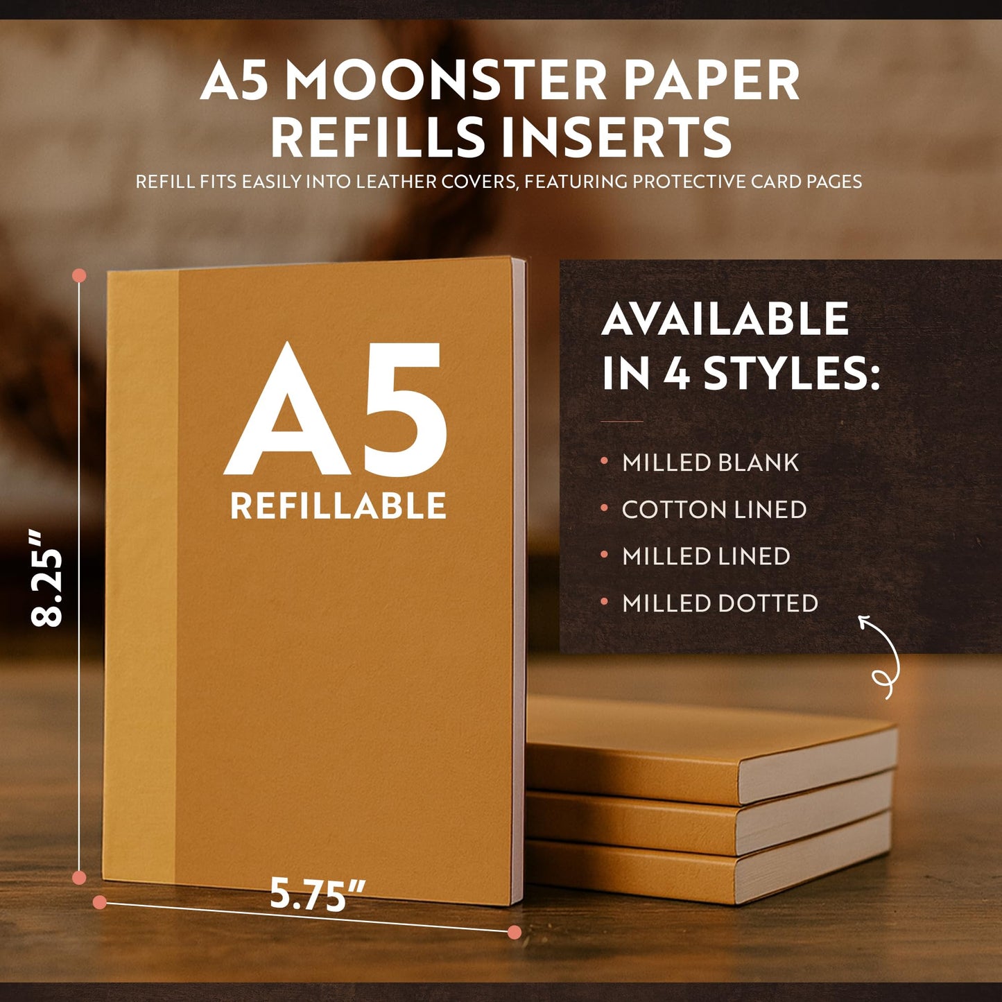 moonster A5 Refill Paper Lined, 320 Pages – A5 Paper Inserts (8.3x5.9 in) for Refillable Leather Notebooks – 70gsm Smooth Writing Journal Refill Page with Bookmark