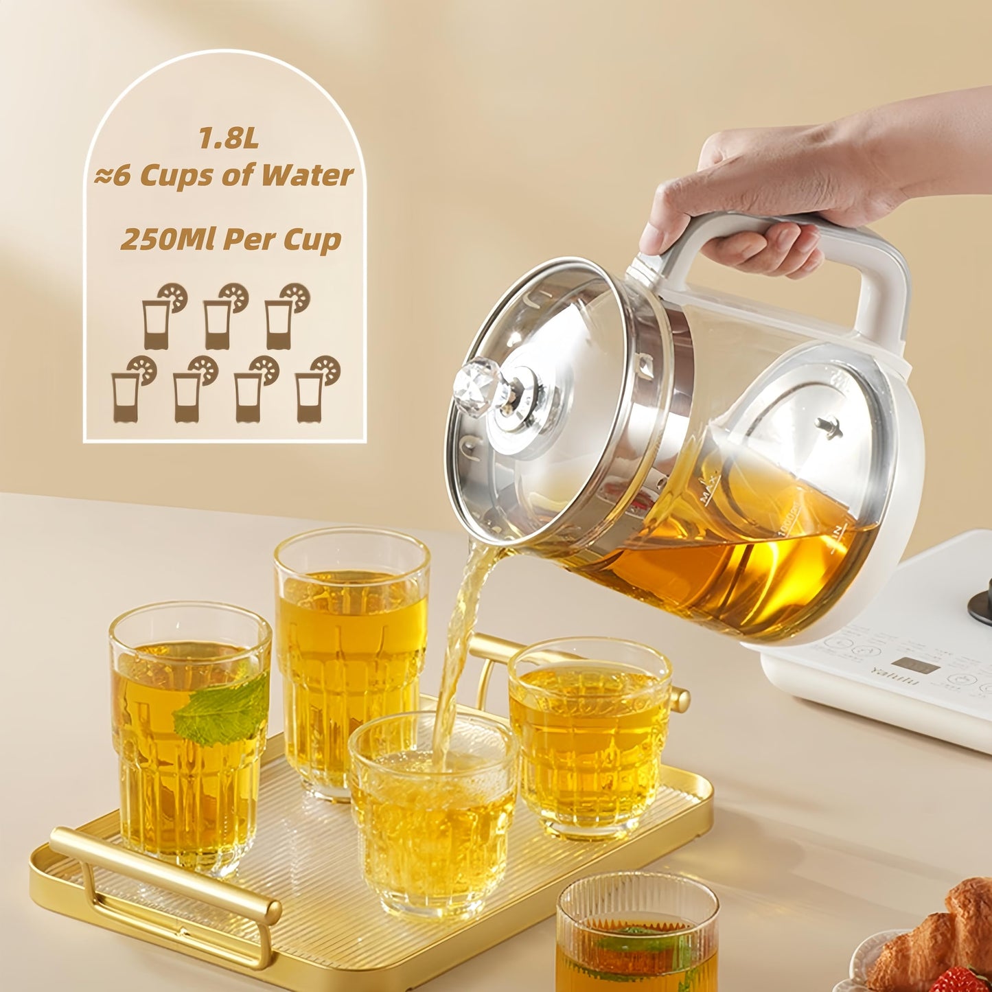 Electric Kettle,110V 1.8L/ Household Electric Health Pot with Egg Rack & Tea Infuser, 12 Functional Procedures for Fruit, Flower Tea, Touch Control Smart Glass Water Boiling with Adjustable Temp.