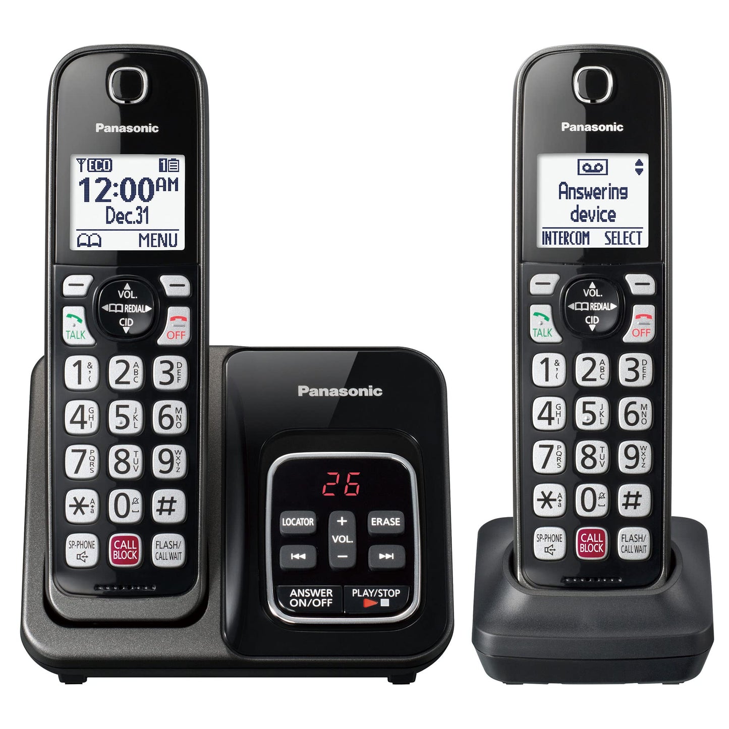 Panasonic Cordless Phone with Answering Machine, Advanced Call Block, Bilingual Caller ID and High-Contrast Display, Expandable System with 2 Handset Cordless Telephones - KX-TGD832M (Metallic Black)