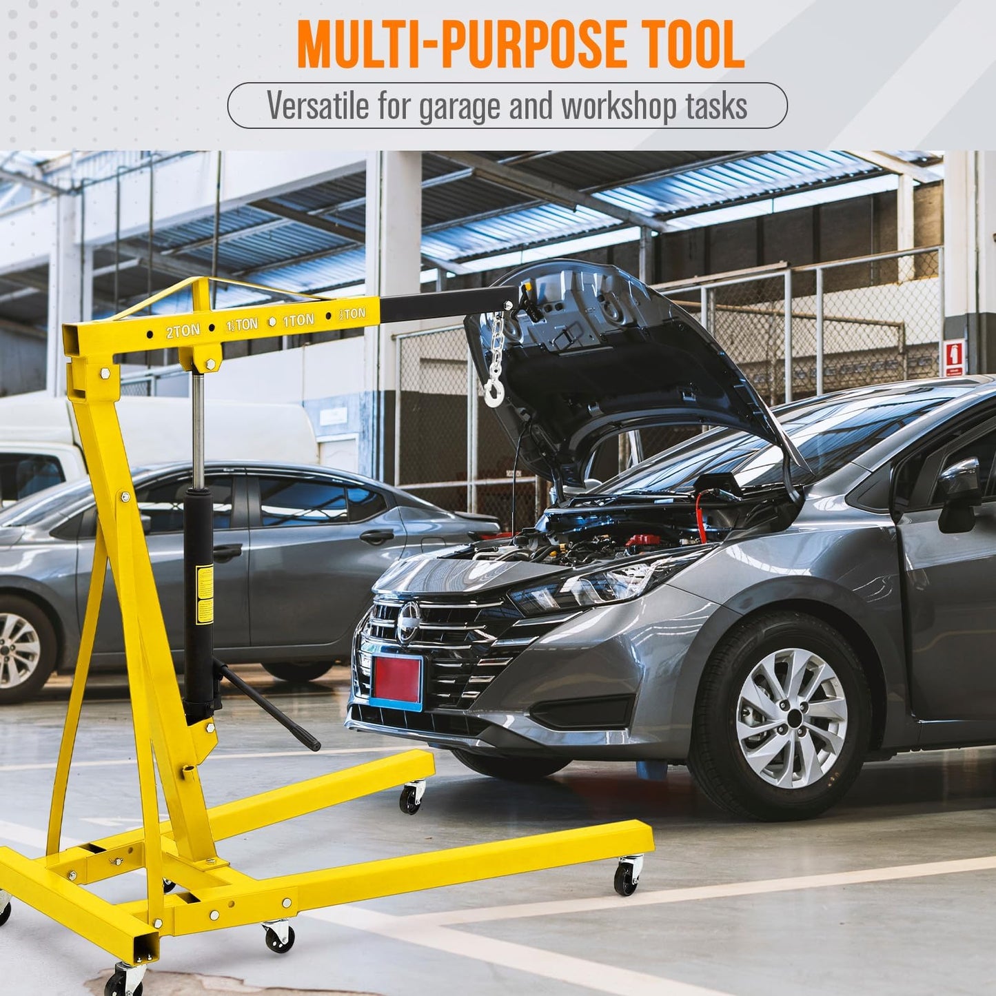 2-Ton Folding Hydraulic Engine Hoist, 4400 LBS Portable Engine Shop Crane with 6 Casters & Telescopic Boom, Foldable Cherry Picker Hoist Lift for Garage, Workshop, Warehouse, Heavy-Duty, Yellow