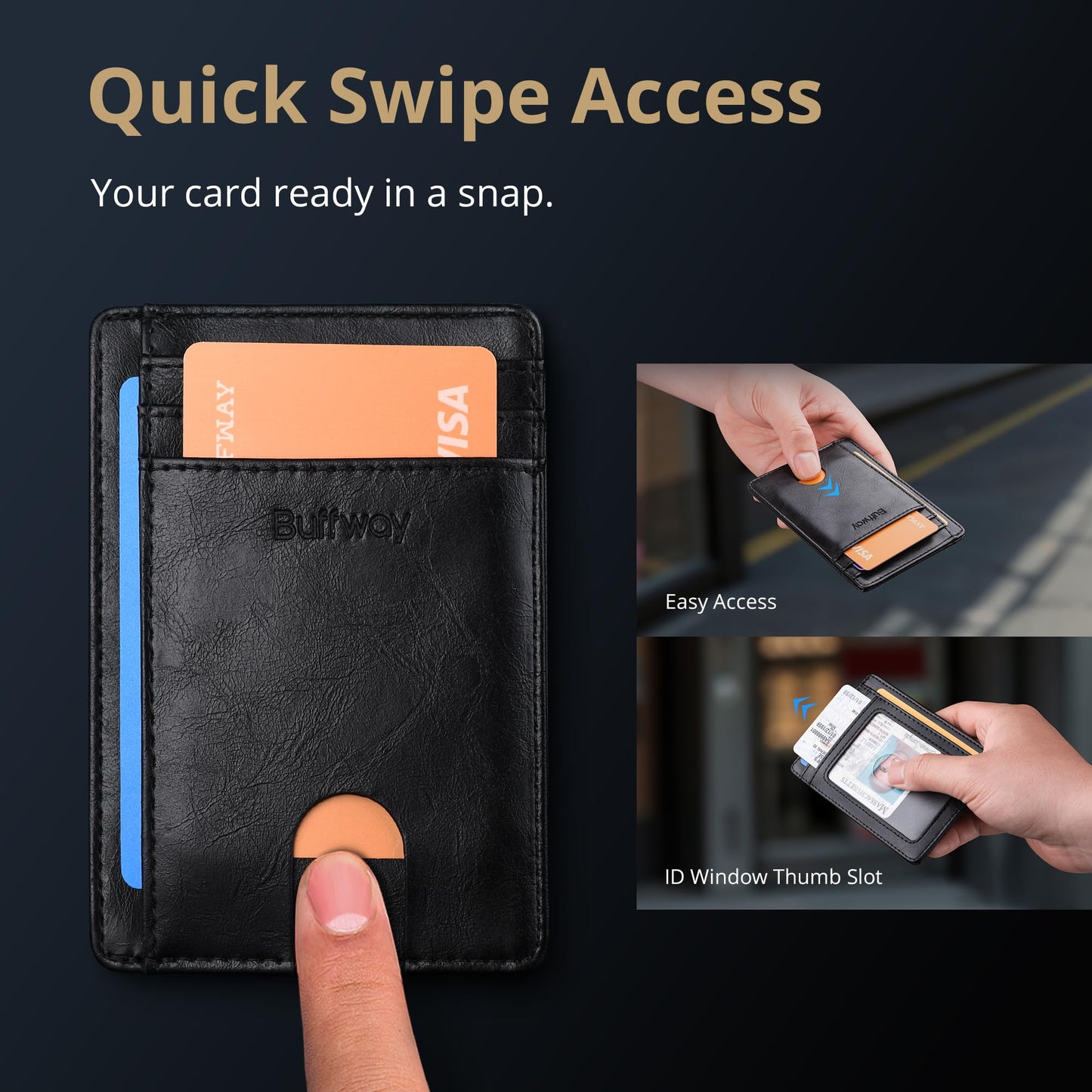Buffway Slim Minimalist Front Pocket RFID Blocking Leather Wallets for Men and Women - Alaska Black